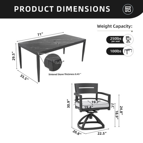 7 Pieces Modern Outdoor Patio Dining Set, Rectangular Dining Table, 6 Swivel Rockers With Sunbrella Cushions - Ember Black