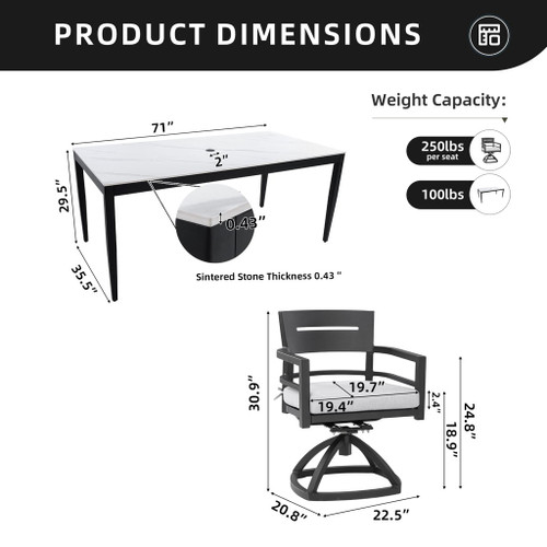 7 Piece Modern Outdoor Patio Dining Set With Table And Swivel Chairs Rockers With Sunbrella Cushions - Ember Black / White