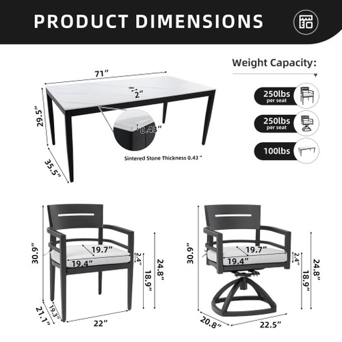 7 Pieces Modern Outdoor Patio Dining Set, Rectangular Dining Table, 4 Chairs & 2 Swivel Rockers, Sunbrella Cushions - Ember Black / White