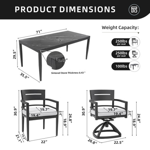 7 Pieces Modern Outdoor Patio Dining Set, Rectangular Table, 4 Chairs & 2 Swivel Rockers, Sunbrella Cushions - Ember Black