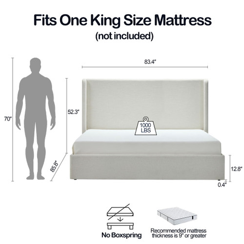 Carmen - King Upholstered Wingback Bed Frame With High Headboard - Ivory