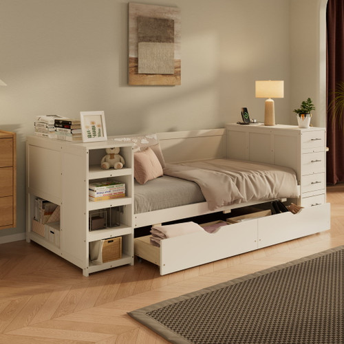 Daybed With Side Shelves, Multi Functional Desk & Charging Station