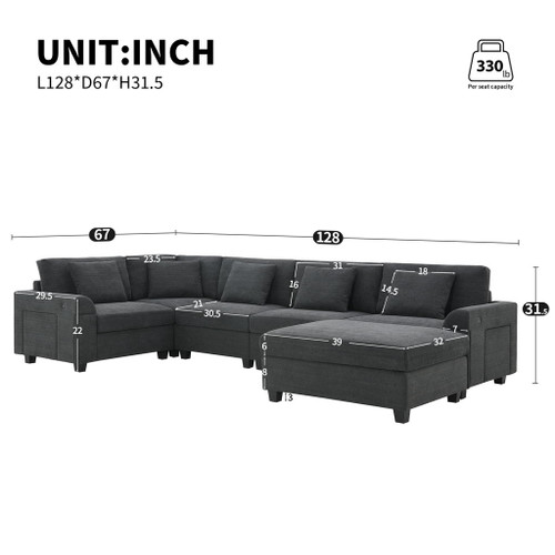 U Shaped Sectional Sofa 6 Seat Couch Set With Oversized Ottoman, Hidden Armrest Storage And Cup Holders USB Charging Ports Wide Seat Sofa