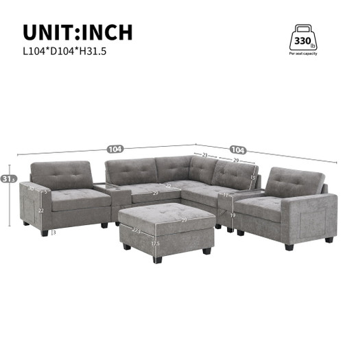 Sectional With Acrylic Table Top U Shaped Couch Set With 2 Consoles USB Charger, Storage Drawers And Pockets Movable Ottoman Tufted Sofa