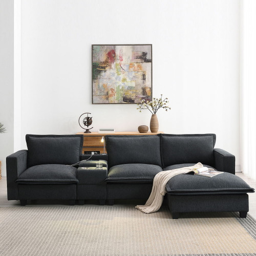 Modern Sectional Cloud Sofa With Console USB Charger Reading Light Cup Holder, Wide Seat 4 Seat Modular Couch Storable Indoor Funiture