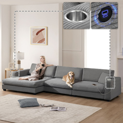 Oversized Sectional L Shaped Cloud Couch With USB Charging Port Cup Holder Deep And Wide Seat Sofa With Chaise Comfy