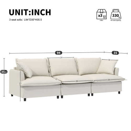 3 Seat Sofa Module For Modular Sectional Wide Seat Cloud Couch With Throw Pillows Upholstered