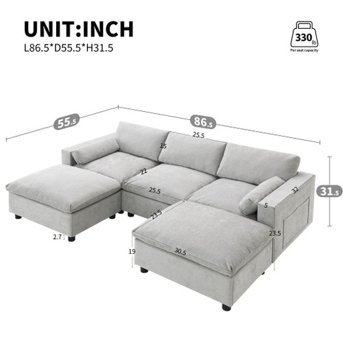 Modular Sectional With Storage Pockets, 5 Seat U Shaped Couch Set With Pillows, Free Combination Modern Cloud Sofa With 2 Movable Ottoman