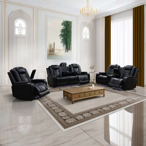 3-Piece Breathing Leather Living Room Recliner Sofa Set in Black