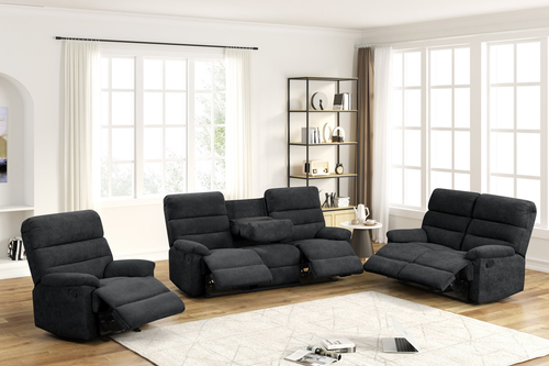 Albert three-piece reclining set in Black performance fabric, three-quarter front view