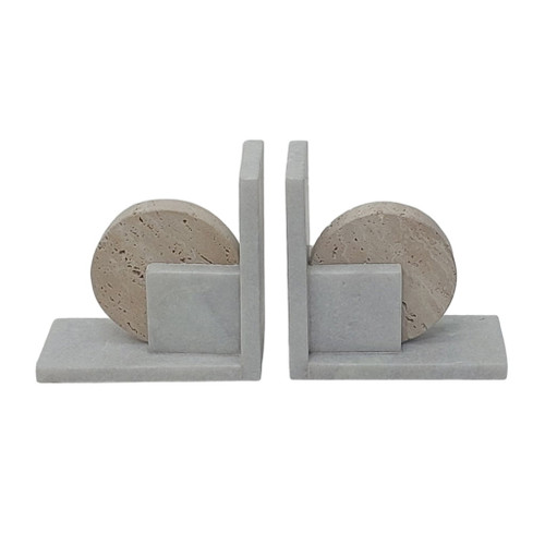 6" Geometric Travertine & Marble Bookends (Set of 2) - Gray