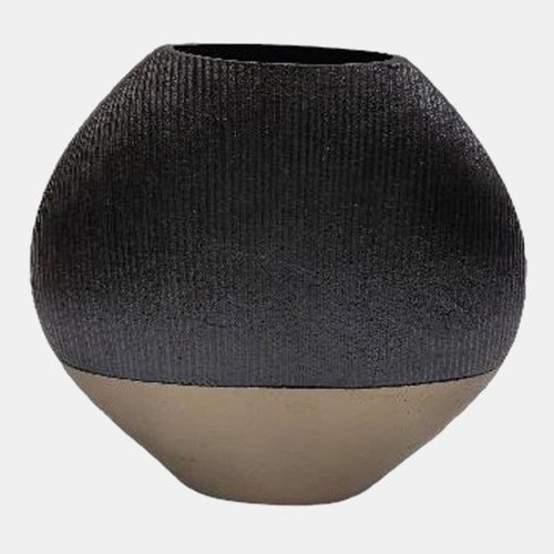 14" Color Block Round Vase - Black / Brass Antique