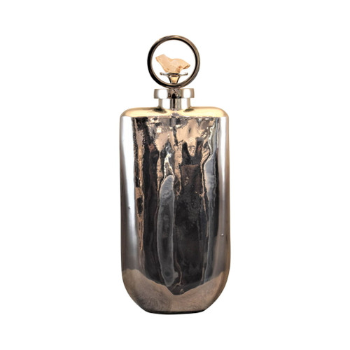 Glass 16" Metallic Bottle With Stone Top - Silver