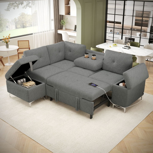 Versatile L Shaped Sofa Bed With Storage, Cup Holders, USB Ports Chenille