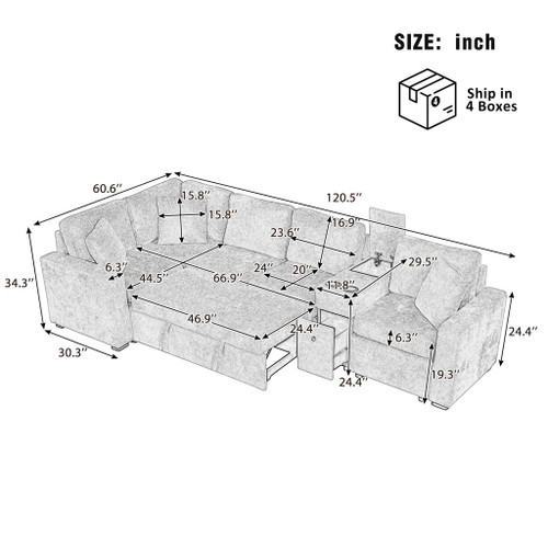 Contemporary L Shaped Convertible Sofa Bed With Pull Out Bed, Cup Holders, And Storage