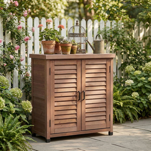Potting Bench With Storage Cabinet And Metal Table Top For Outdoor