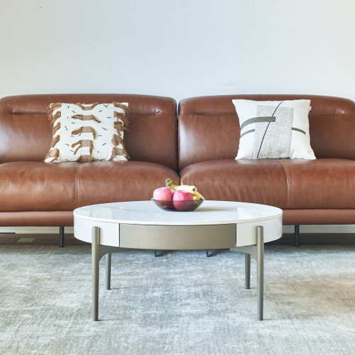 Modern Round Coffee Table With Storage Drawers Handcrafted Ceramic Inlay Tabletop 2 Tone Wood Legs Scandinavian Living Room Center Table - White / Gray