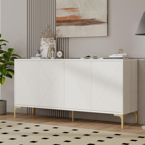 Modern Wood Sideboard Cabinet With Carved Door Panels, Adjustable Shelves, And Sturdy Metal Legs