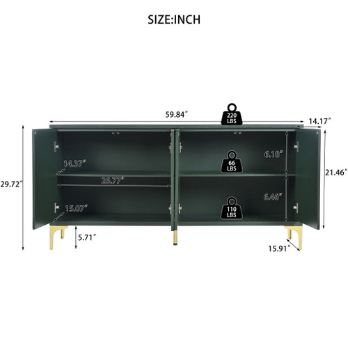 Modern Wood Sideboard Cabinet With Carved Door Panels, Adjustable Shelves, And Sturdy Metal Legs