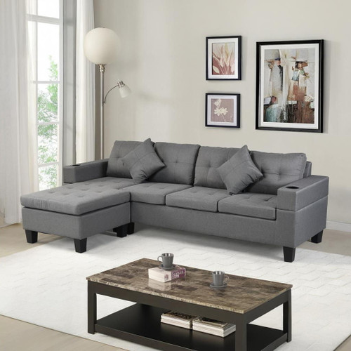 Modern Sectional Sofa Set With L Shape Chaise Lounge, Cup Holder, 4 Seat - Gray