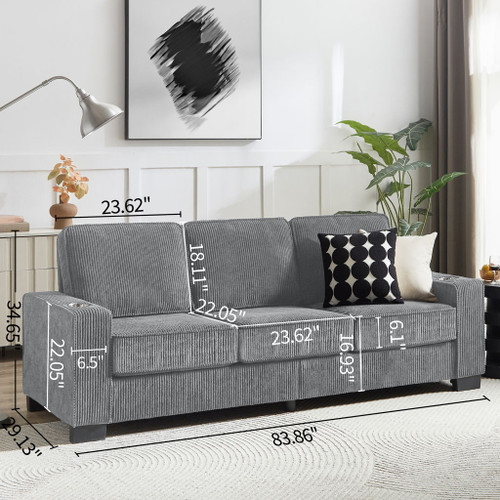 Modern Corduroy Fabric Sofa, 3 Seater Compressed Couch With Cup Holders
