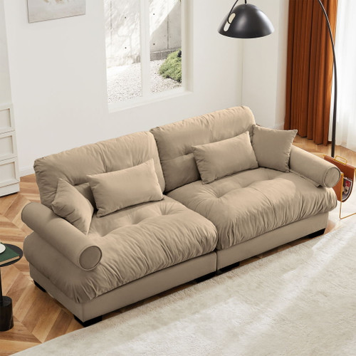 Modern Sofa With Bolstered Armrests And Pillows