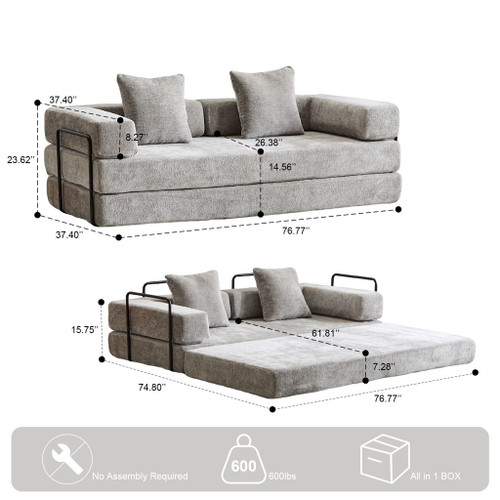 Convertible Floor Sofa Bed With Pillow Back Support Armrest