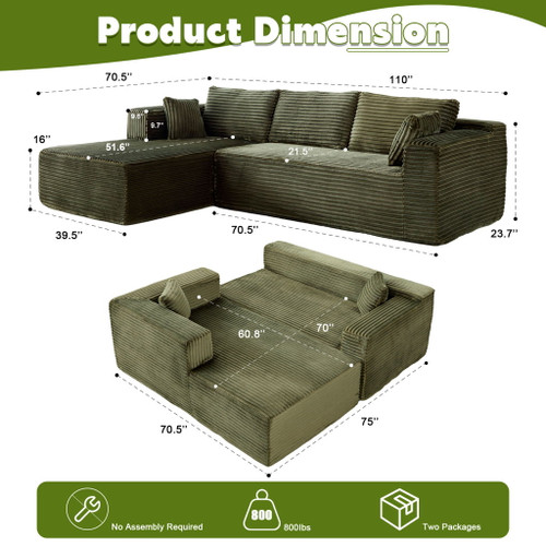 Compression Sectional Couch With Comfy Chaise, Boneless L Shape Sofa With Deep Seat