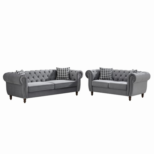 Chesterfield 3 And 2 Seater Velvet Upholstery Sofa With Roll Armrest & Nailhead Fabric Couch