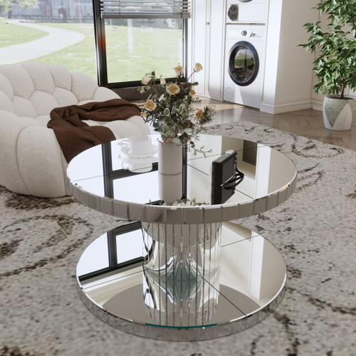 Luxury Double Tier Round Mirror Coffee & End Table With Fluted Glass Modern Sofa Side Table - Silver / Glass