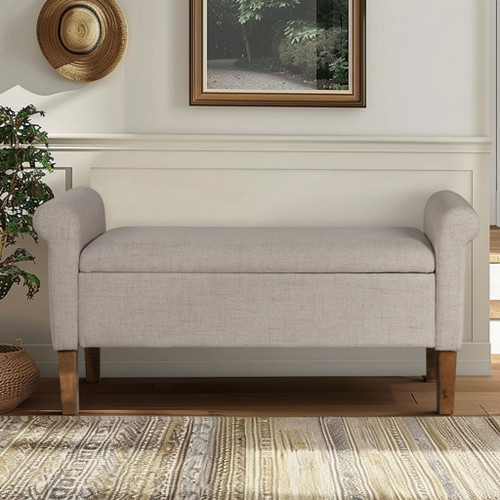 Upholstered Storage Bench With Rolled Armrests - Beige