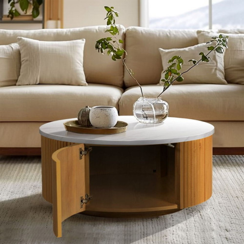 Round Coffee Table With Storage - Natural / White