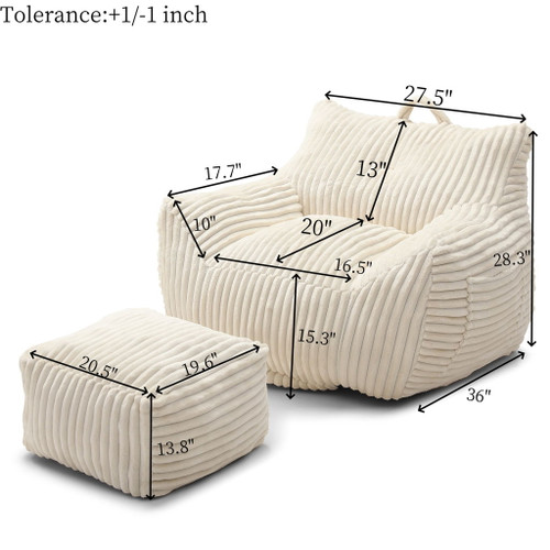 Giant Plush Bean Bag Chair With Armrests And Footstool