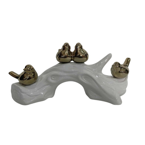 14" Birds Sitting On Branch - White / Gold