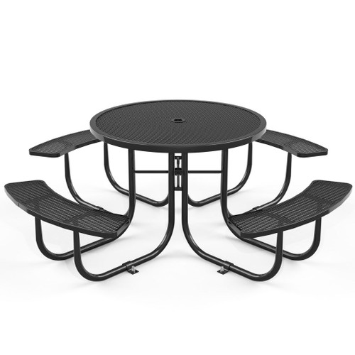 Round Outdoor Steel Picnic Table With Umbrella Pole - Black Round Outdoor Steel Picnic Table With Umbrella Pole - Black