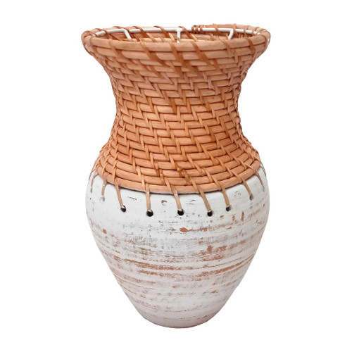 Clay 11" Vase With Woven Top - White / Natural Clay 11" Vase With Woven Top - White / Natural