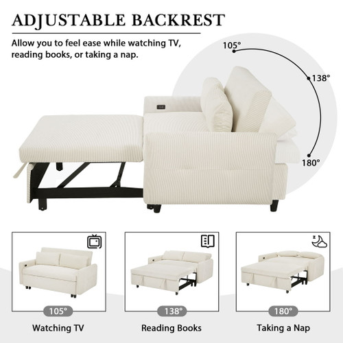 Pull-Out 2 Seat Modern Sleeper Sofa With 2 Throw Pillows And USB Ports