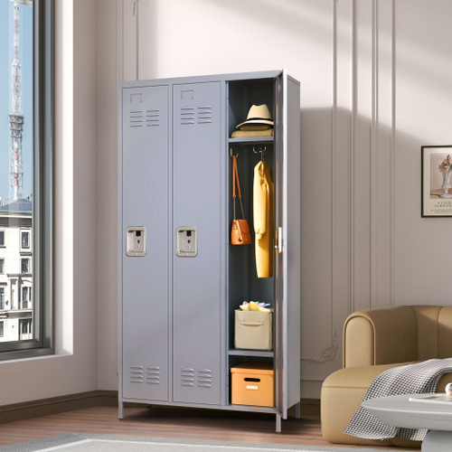 3 Door Lockers With Lock For Home, Gym, Office, School, And Garage - Gray