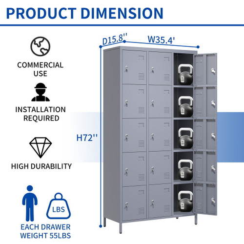 15 Door Lockers With Lock For Storage In Home, Gym, Office, And School - Gray