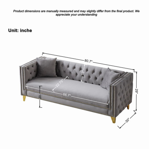 3 Seater Deep Seat Sofa, Sofa With Button Nailhead, Square Arm
