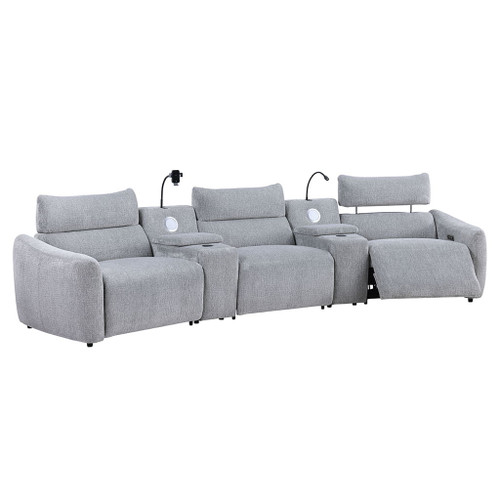 Fullar - Modular Console With Speaker & Cup Holder - Light Gary Chenille