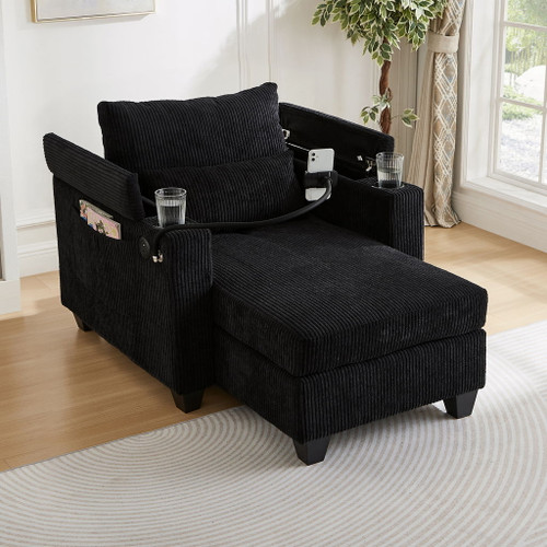 Convertible Chaise Lounge Sofa Chair With USB Ports, Cup Holders, Phone Holder And Storage