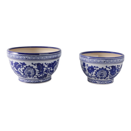 9" / 11" Bowl Chinoiserie Planters (Set of 2) - Blue / White 9" / 11" Bowl Chinoiserie Planters (Set of 2) - Blue / White