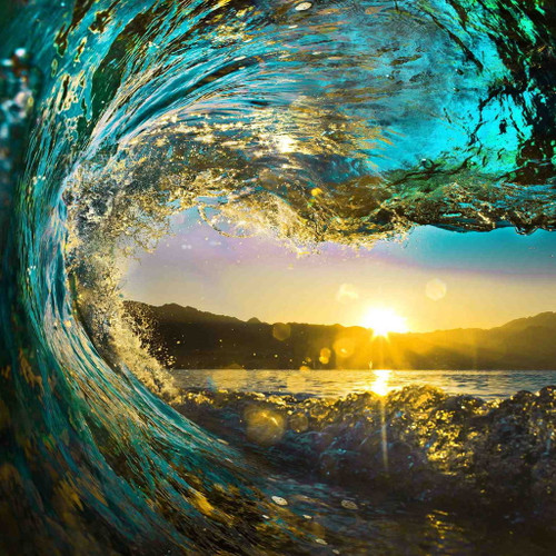 Floating Tempered Glass With Foil Waves On Sunset - Blue Floating Tempered Glass With Foil Waves On Sunset - Blue