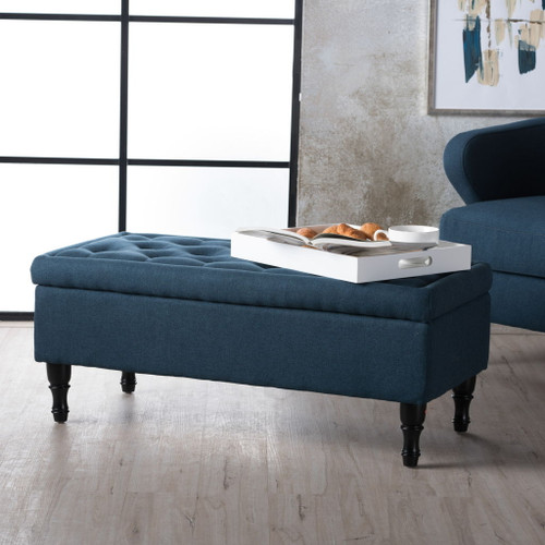 Hyatt - Suede Storage Ottoman With Tufted Top And Dark Wooden Legs - Navy Blue Hyatt - Suede Storage Ottoman With Tufted Top And Dark Wooden Legs - Navy Blue