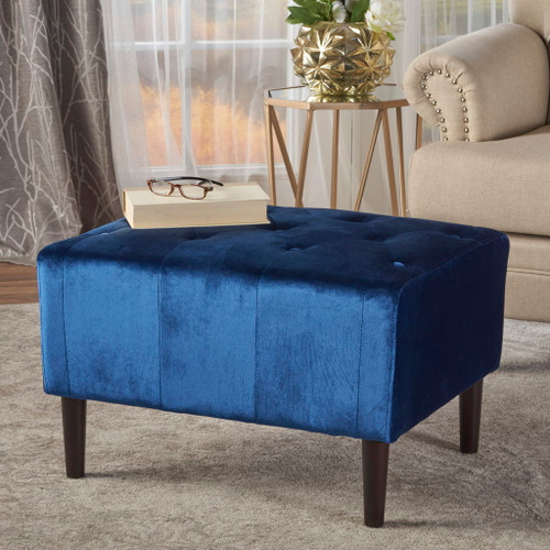 Mid Century Ottoman Velvet With Button Tufting With Birch Wood Legs - Navy Blue