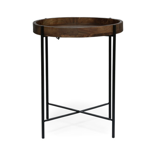 Modern Industrial Round End Table With Tray Top And Foldable Iron Legs - Natural