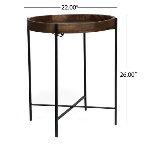 Modern Industrial Round End Table With Tray Top And Foldable Iron Legs - Natural