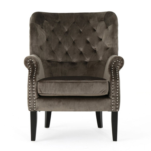 Elegant Velvet Club Chair With Handcrafted Details - Gray