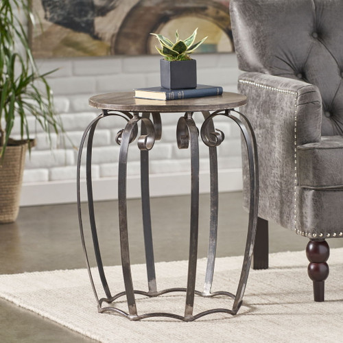 Modern Industrial End Table With Mango Wood Top And Iron Frame - Gray